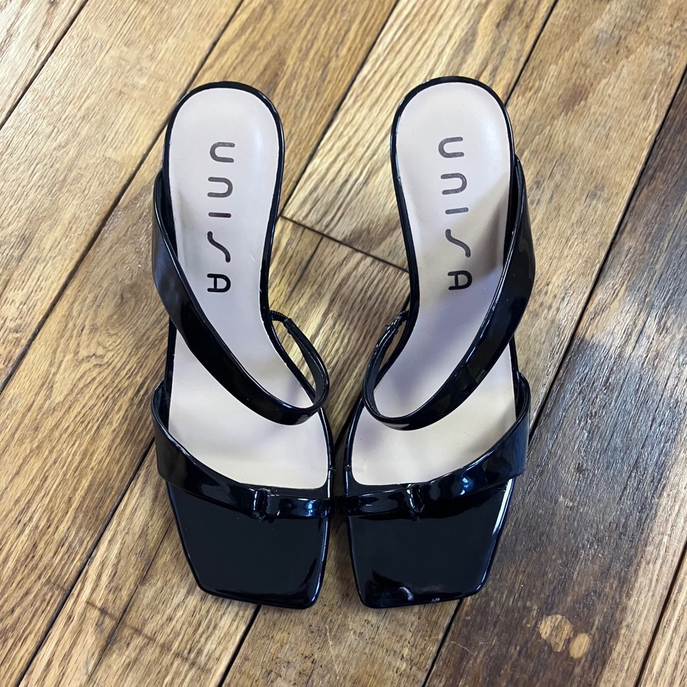 Y2K Unisa‎ Black Patent Square Toe Slide Heels Sandals Women's Size 6.5